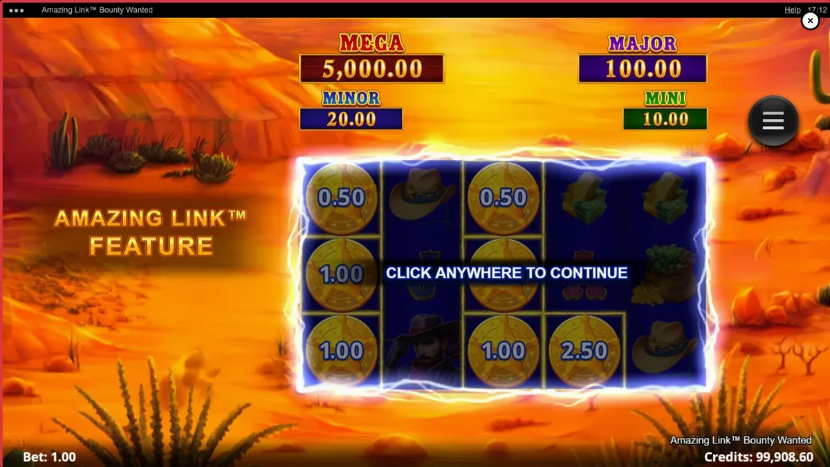 Cenário desértico e personagens cowboys do slot Amazing Link Bounty Wanted