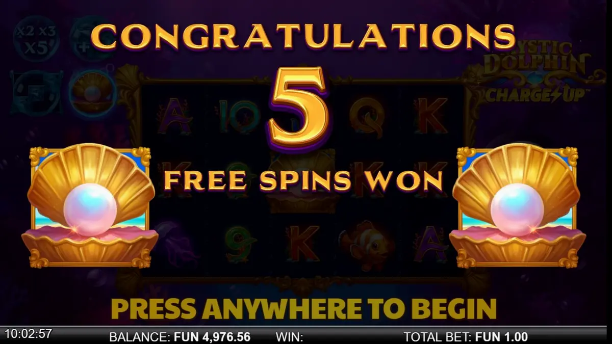 Interface do jogo de slot Mystic Dolphin Charge Up com tema oceânico